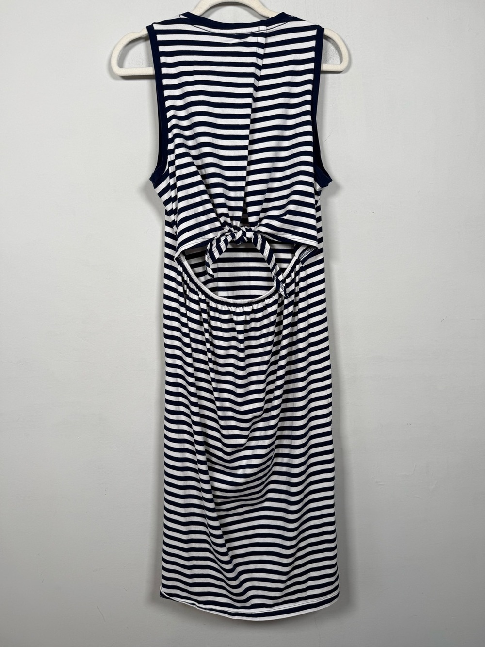 J. Crew Women’s Navy and White Striped Midi Dress with Back Cutout, Size L
